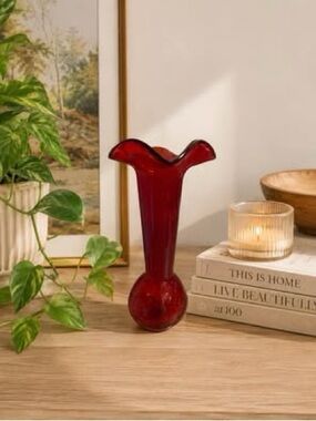 MCM Red Handblown Fluted Bud Vase